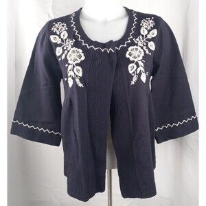 Tiara Womens Blue White Embroidered Knit Cardigan Sweater Size‎ M